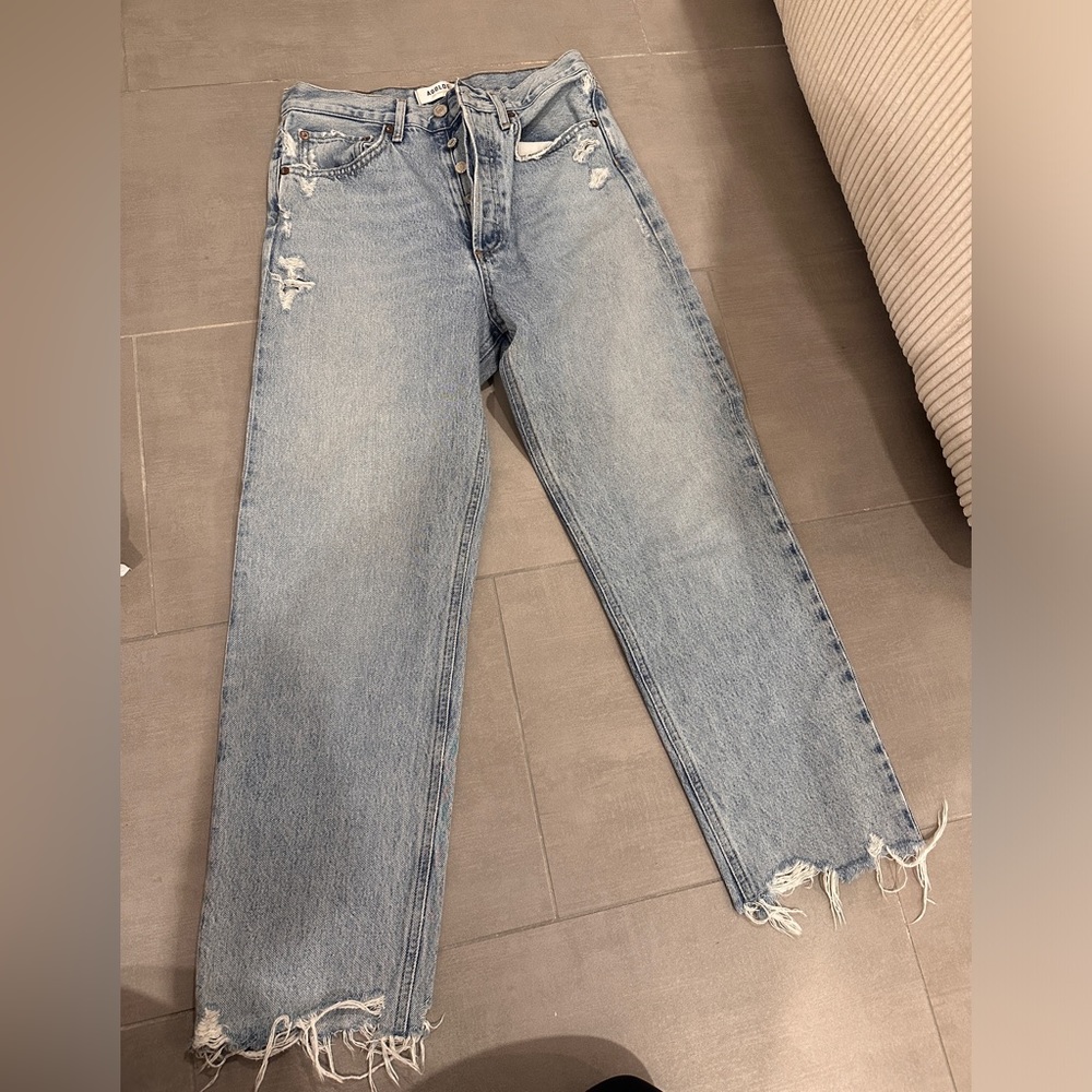 Agolde Blue Straight Leg Jeans with Raw Hem